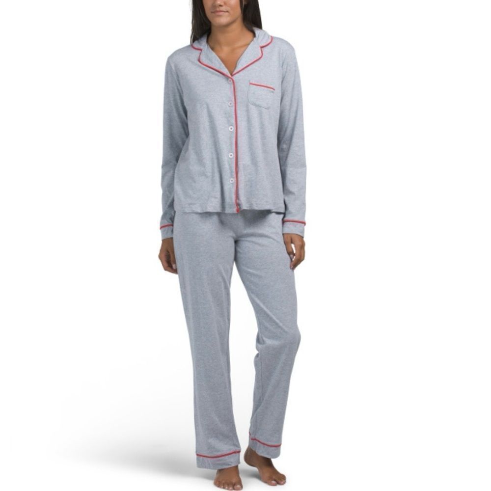 POPPY & CLAY Grey Red Notch Collar Long Sleeve Pants Organic Cotton PJ Set